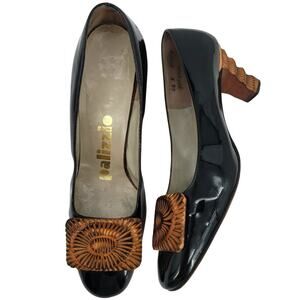 Palizzio Size 6.5 Vintage High Heels Slip On Shoes Round Toe Wood Pendant Glossy